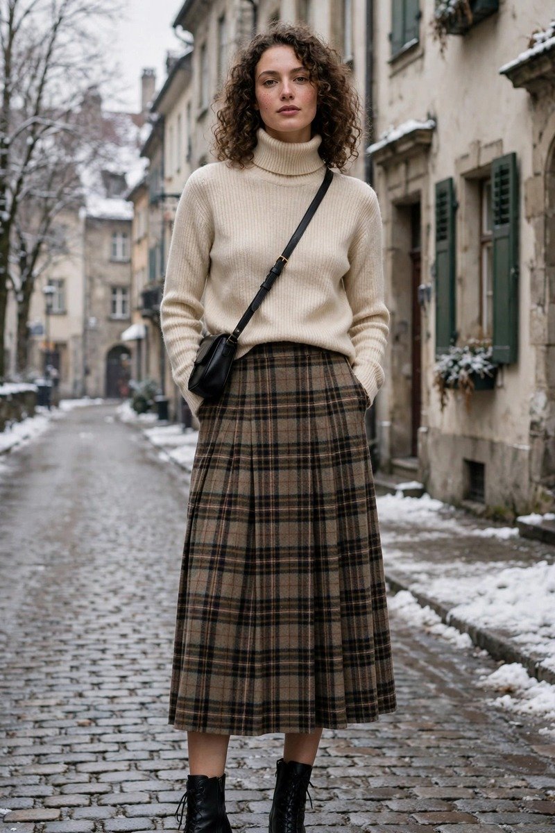 Woman in ankle boots, midi skirt, and turtleneck
