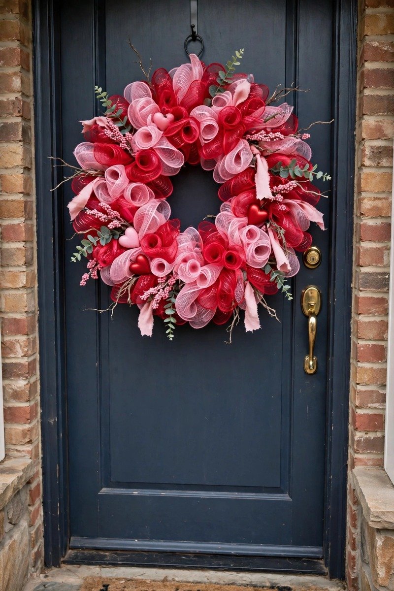 Red and pink deco mesh Valentine's wreath