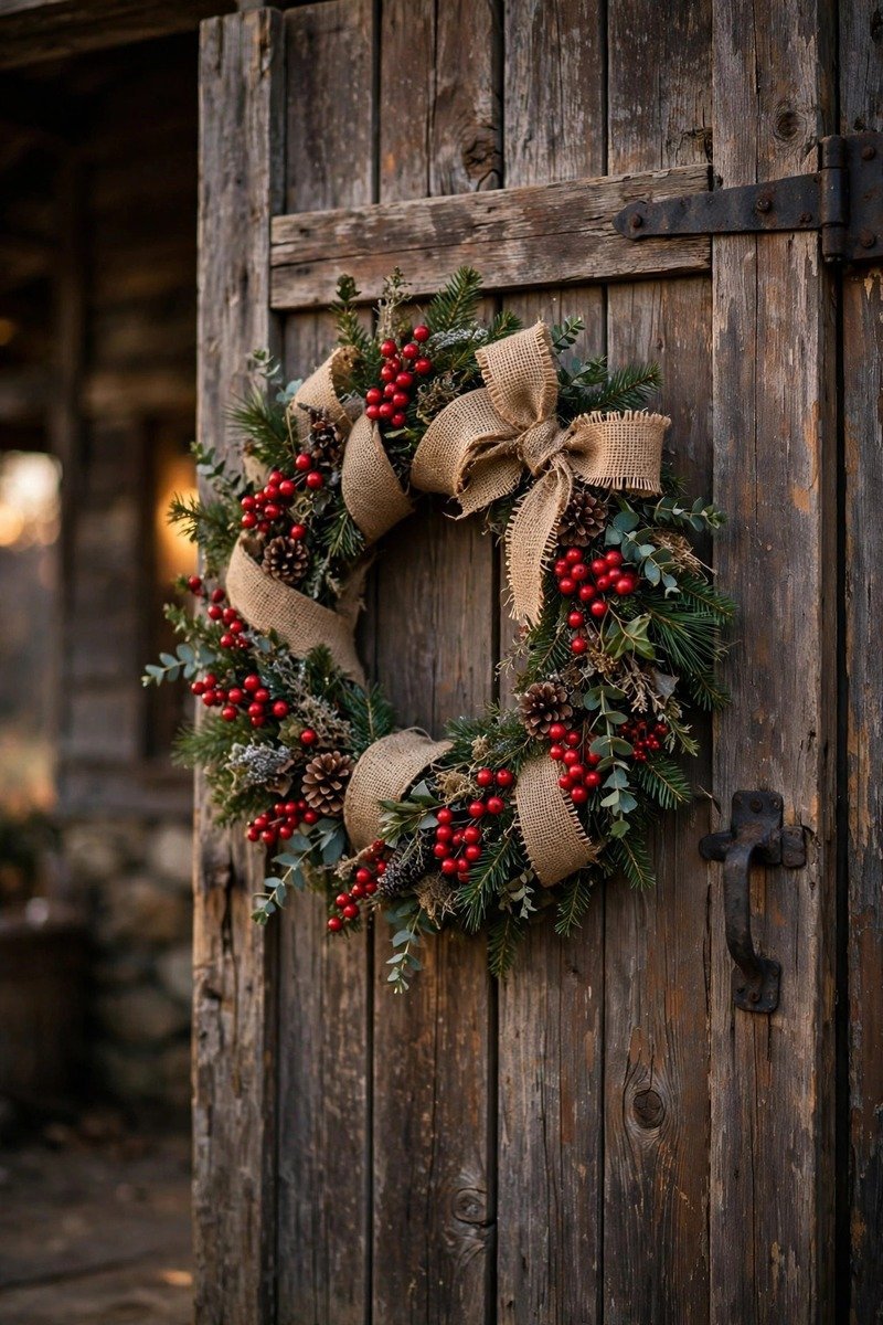 Rustic burlap and red berry Christmas wreath on a barn wood door