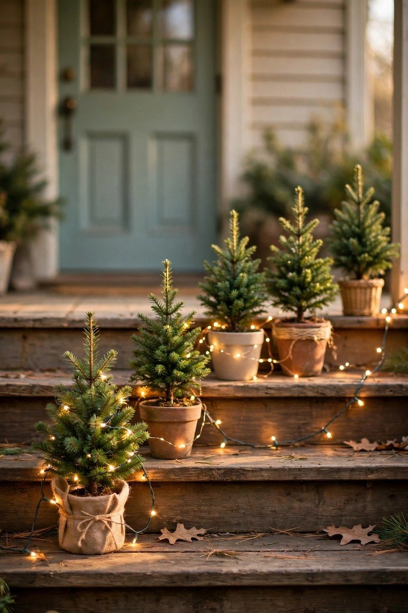 Small potted Christmas trees arranged on porch steps