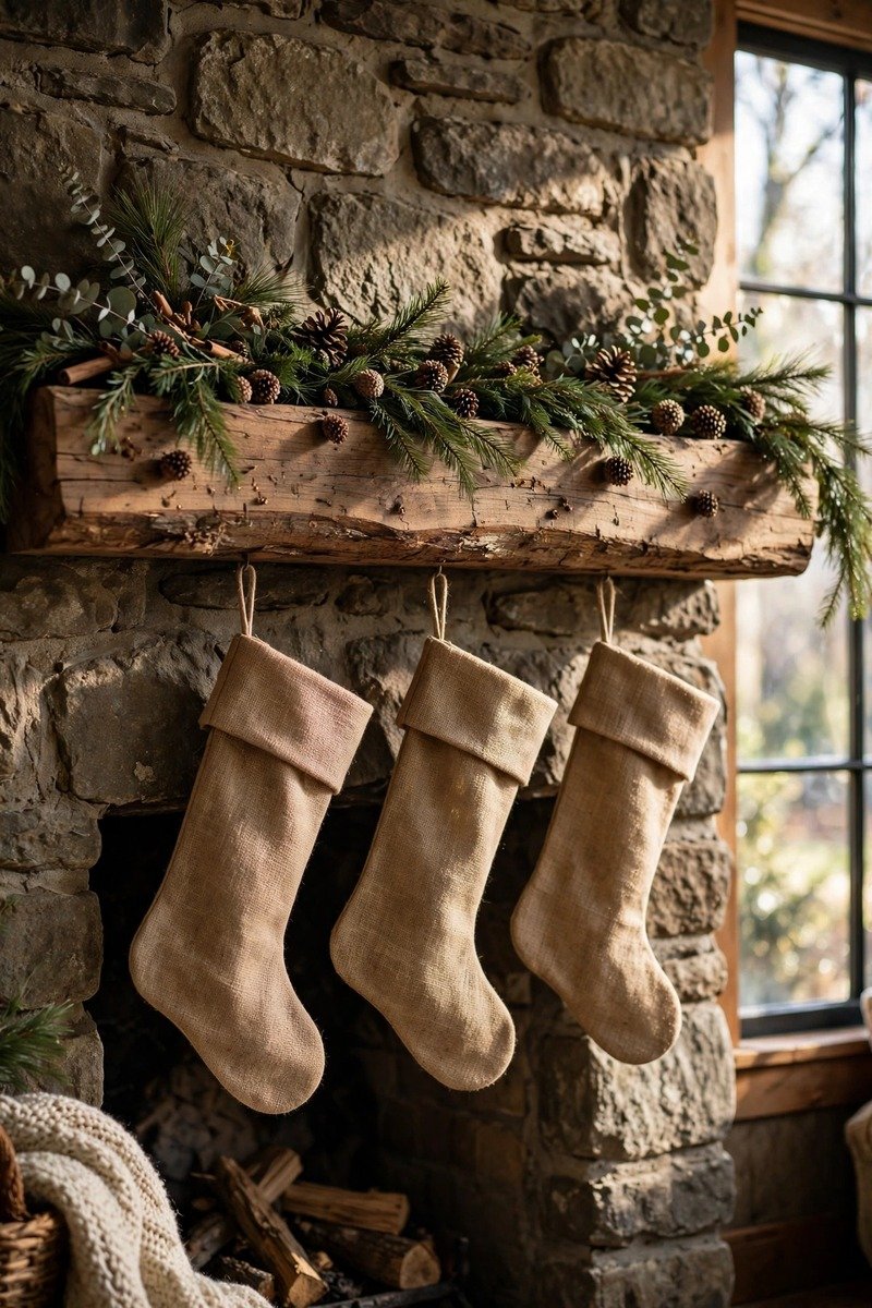 Rustic Christmas mantle with pinecones and burlap stockings