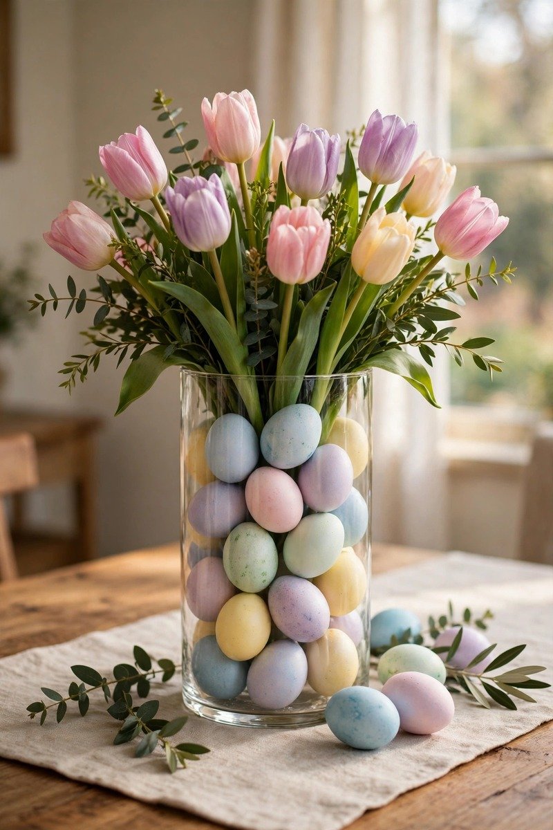 Dyed eggs filling a glass vase with tulips
