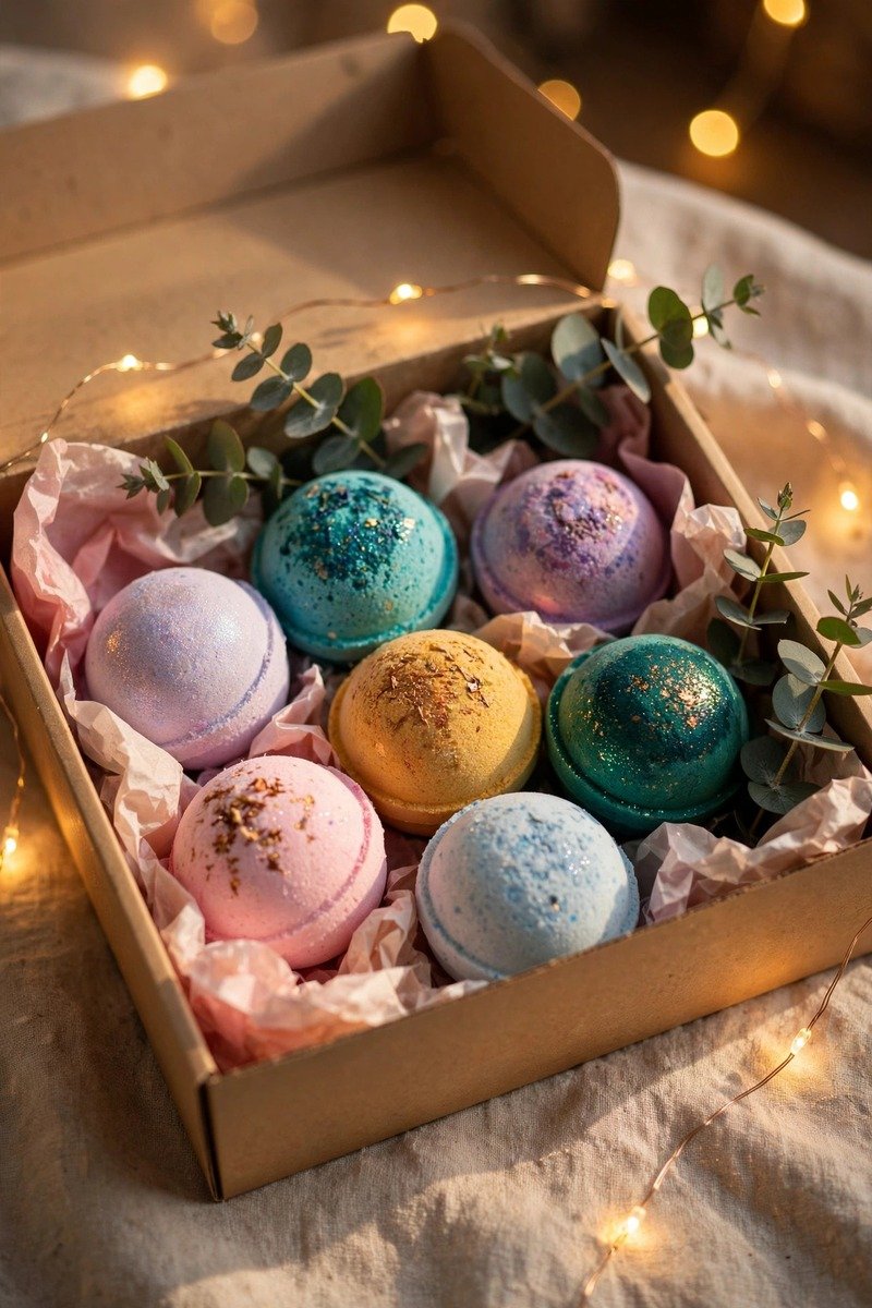 Colorful bath bombs in a gift box