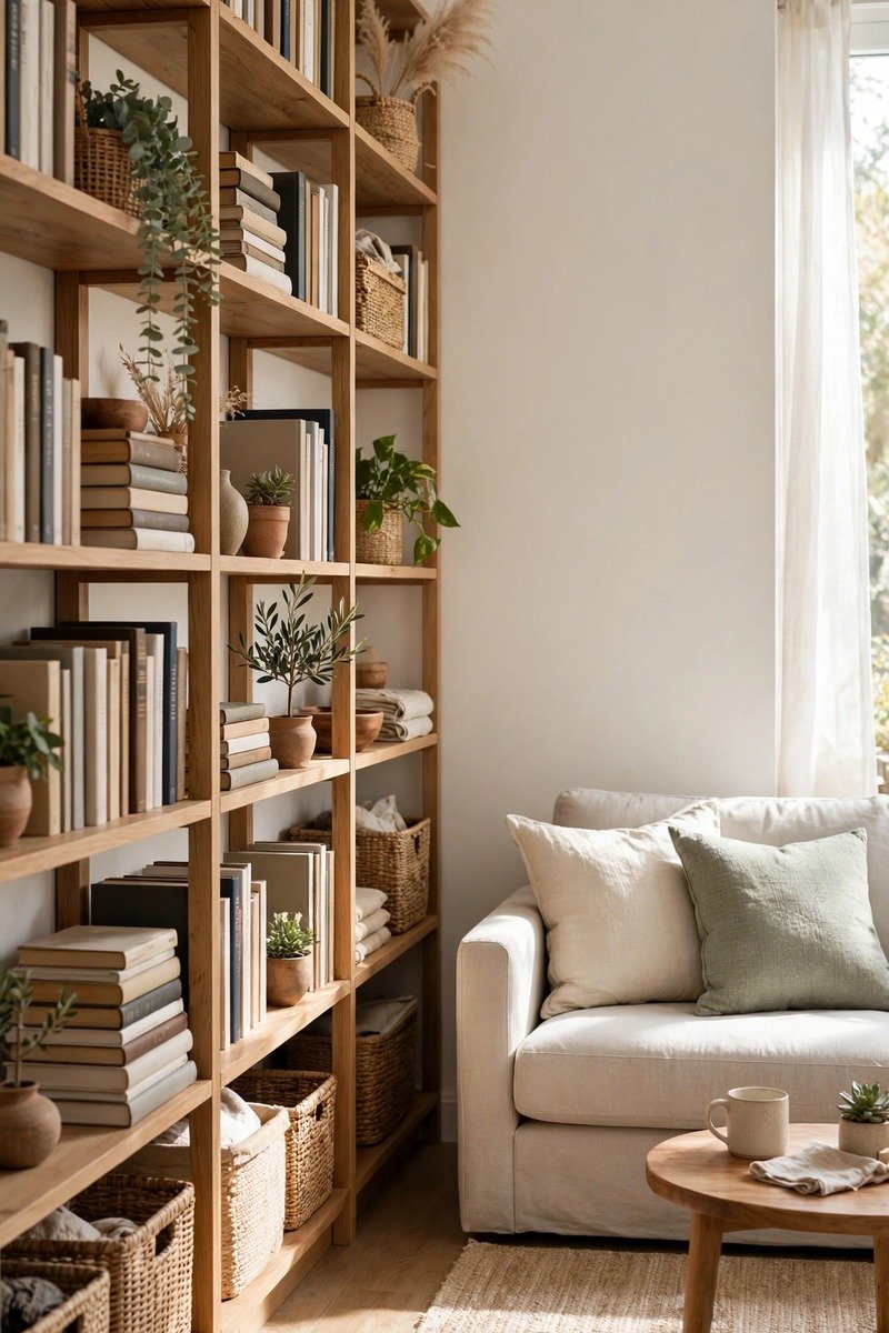 Small living room with tall shelving on one wall