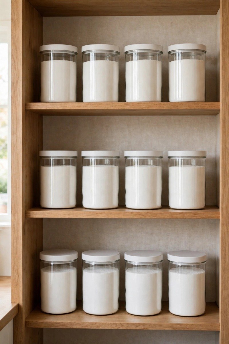 Uniform containers lined up in rows on a pantry shelf