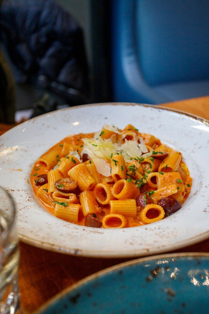 Creamy tomato pasta in a bowl