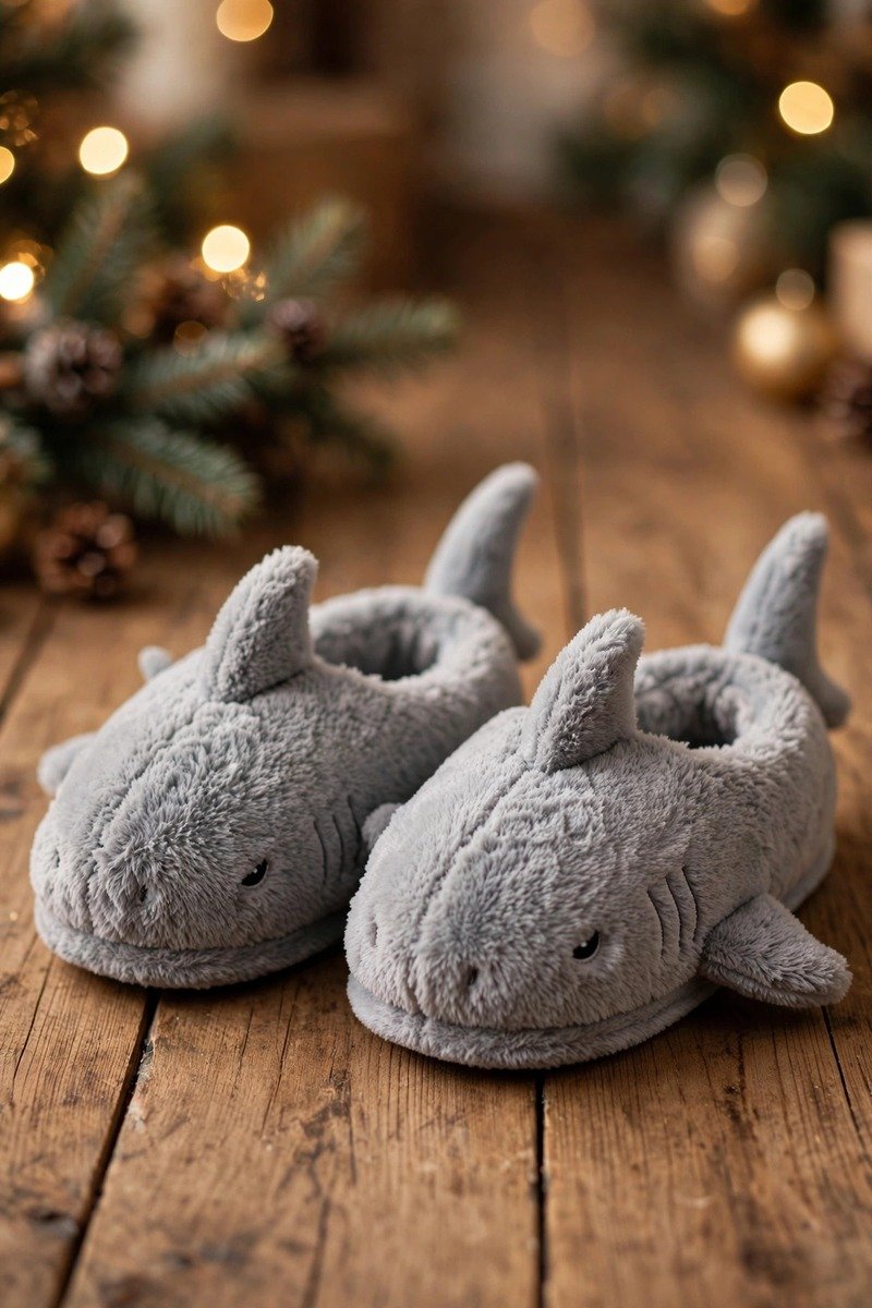 Shark-shaped fuzzy slippers