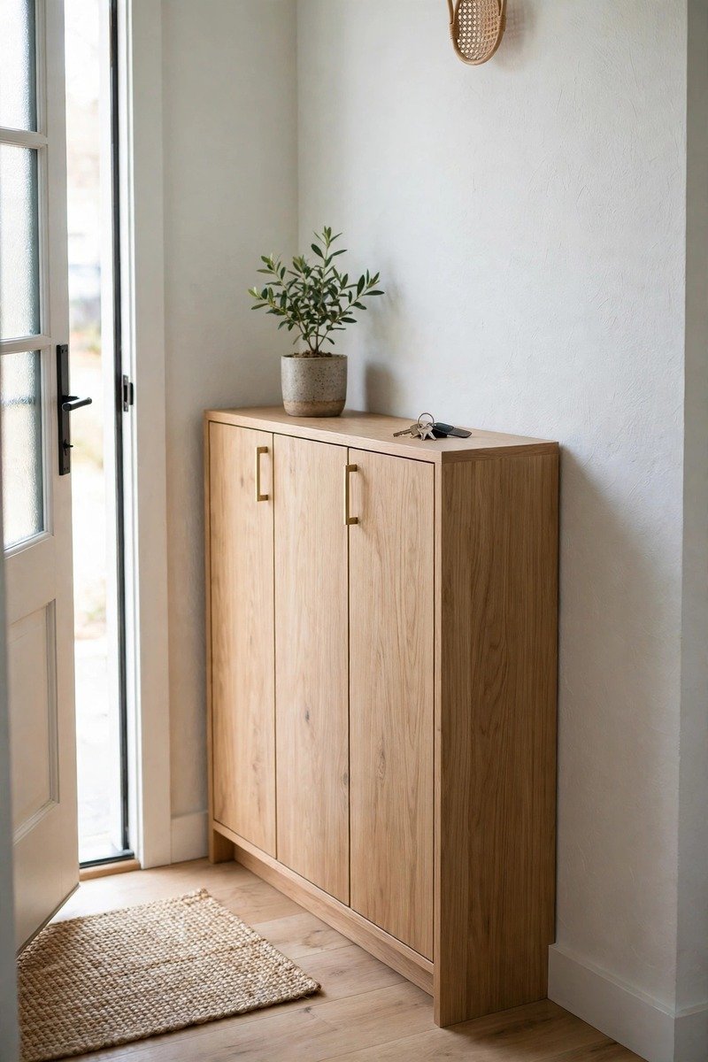 Slim shoe cabinet against an entryway wall