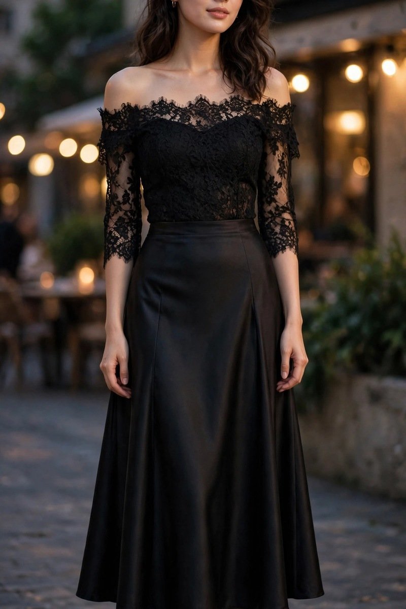 black off-shoulder lace top evening outfit