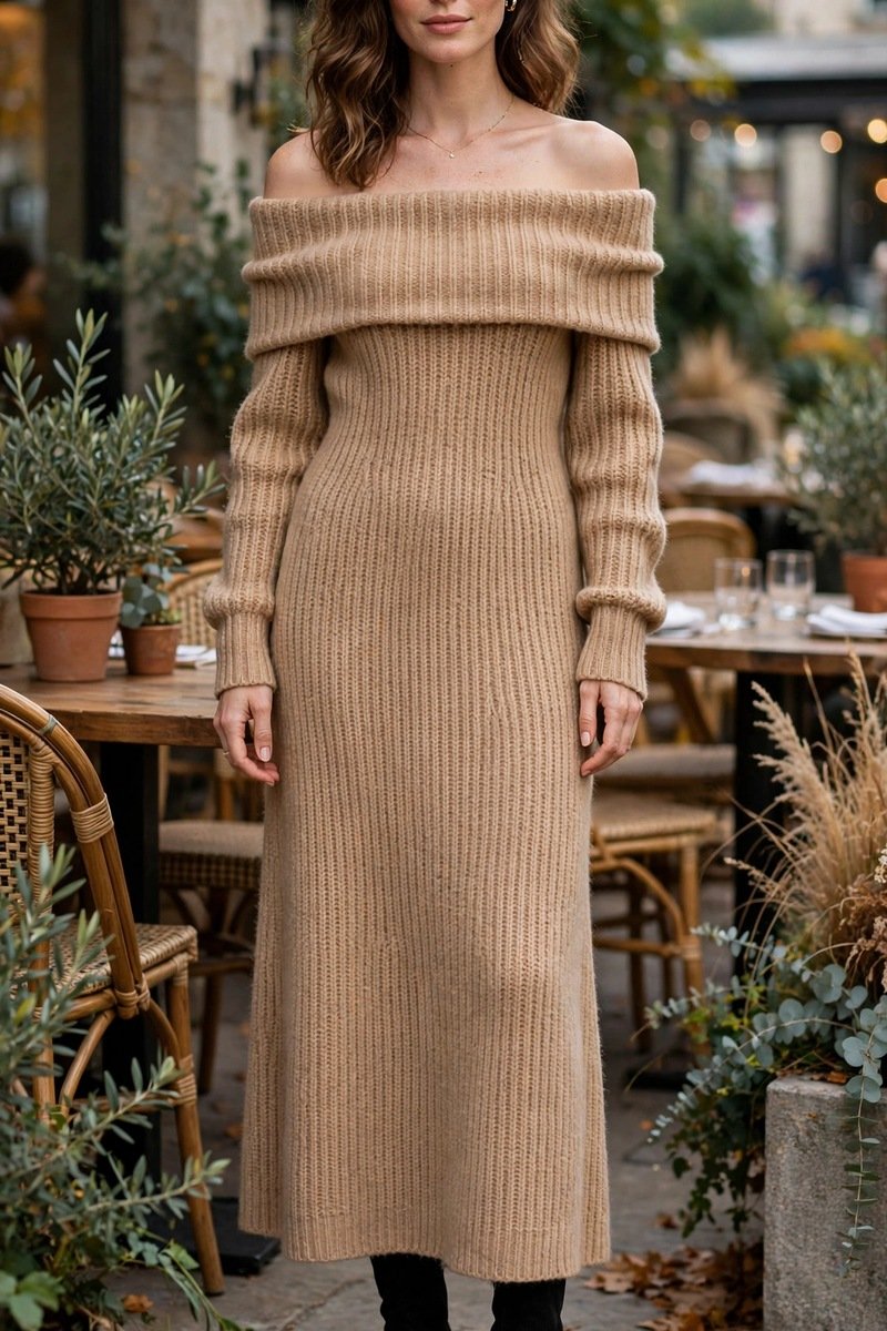 off-the-shoulder knit dress with tall brown suede boots for a cozy suede boots outfit