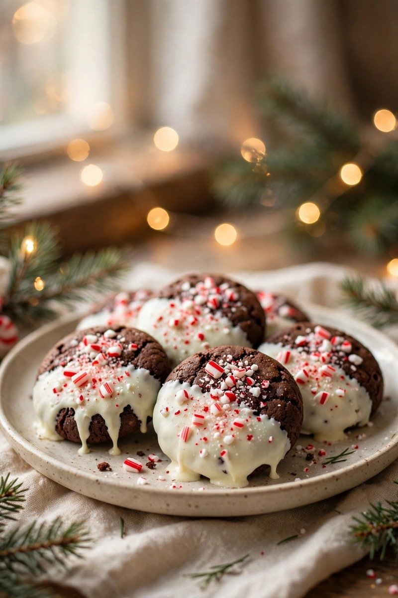Chocolate Christmas cookies half dipped in white chocolate with crushed candy cane
