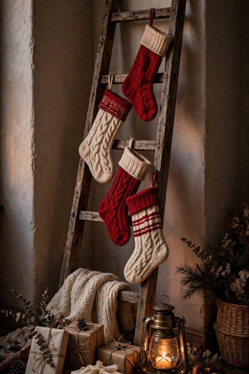 Christmas stockings hanging on a wooden ladder