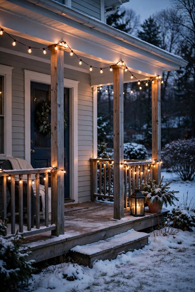 White string lights on a winter porch