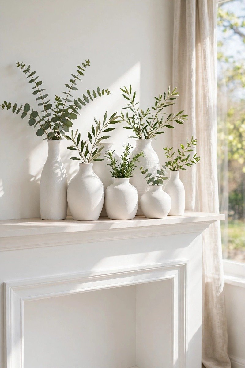 White ceramic vases grouped on a mantel