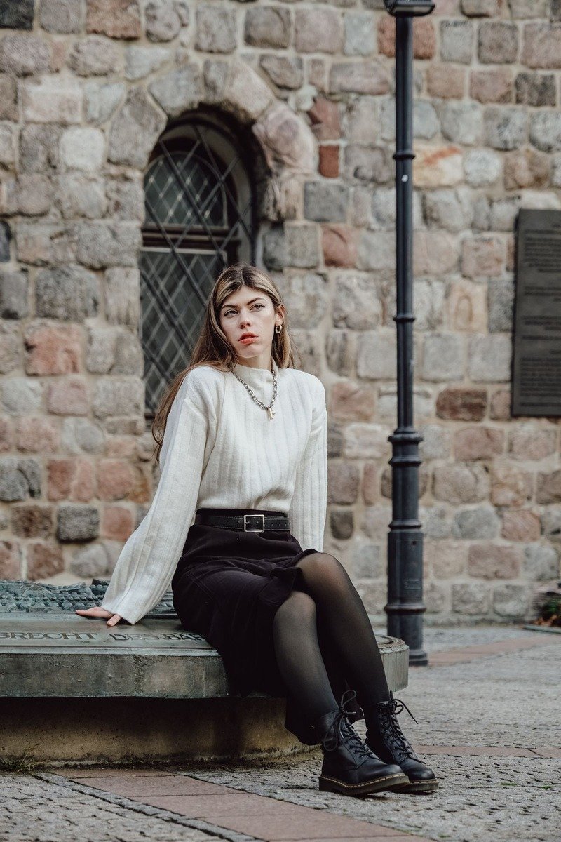 Midi skirt with tights and a knit sweater