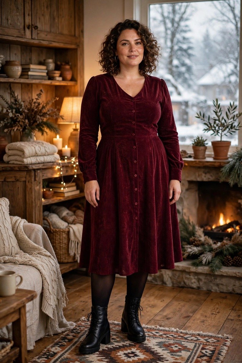 Fit and flare dress with tights and ankle boots
