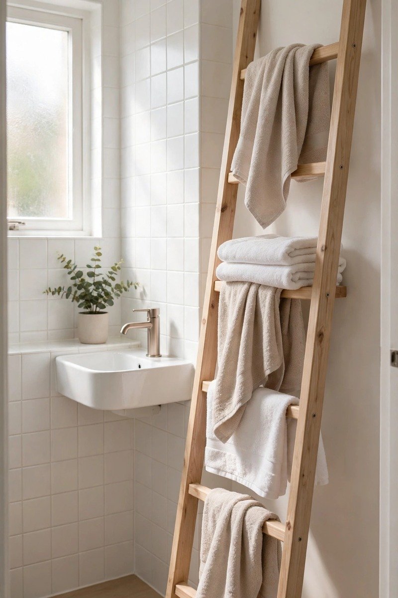 Leaning ladder shelf holding towels in a small bathroom