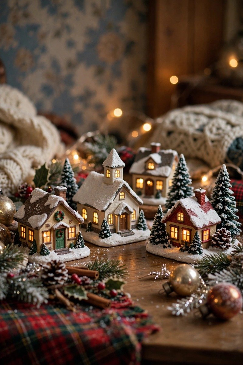 Retro Christmas village houses with snow