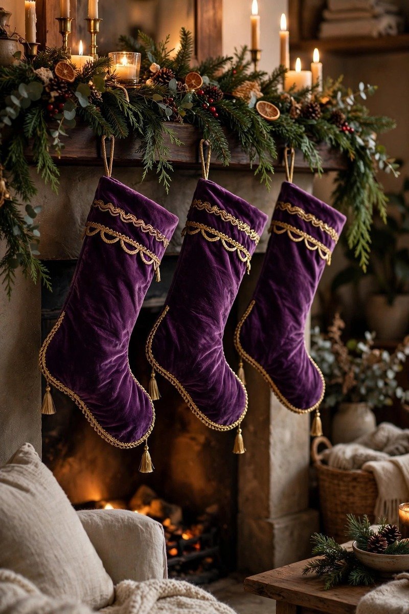 Purple velvet Christmas stockings hung on a mantel