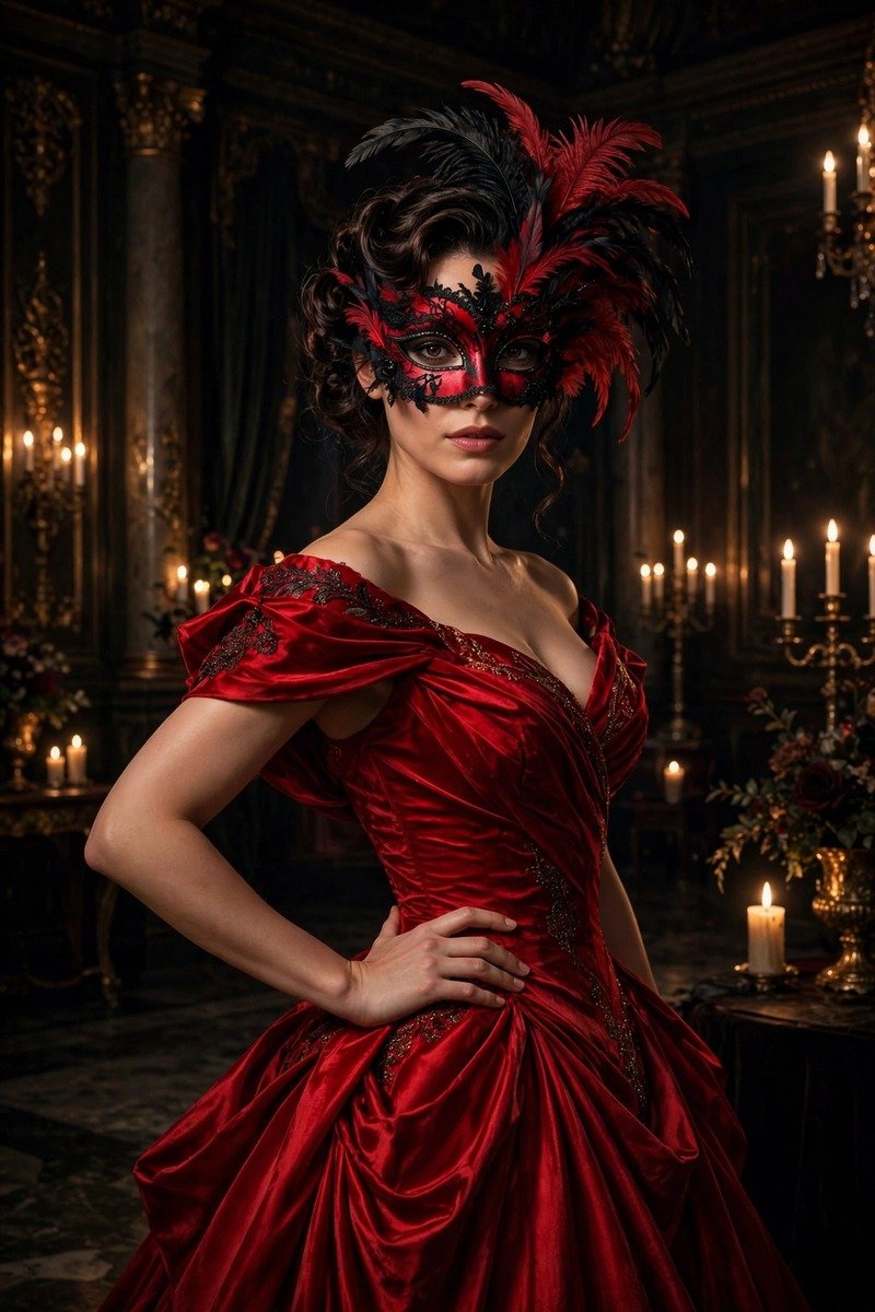 Deep burgundy velvet gown with matching masquerade mask