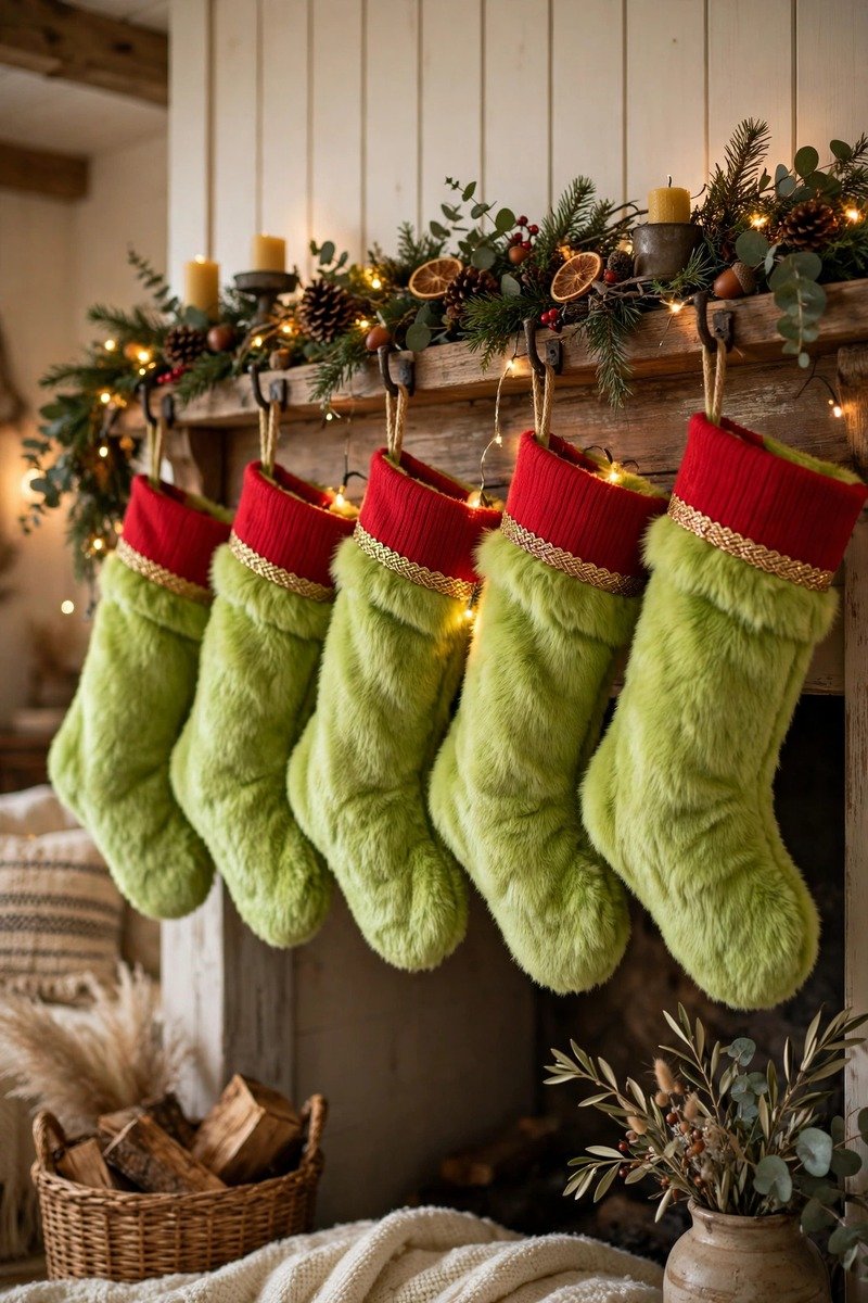 Christmas tree decorated in lime green and red Grinch theme