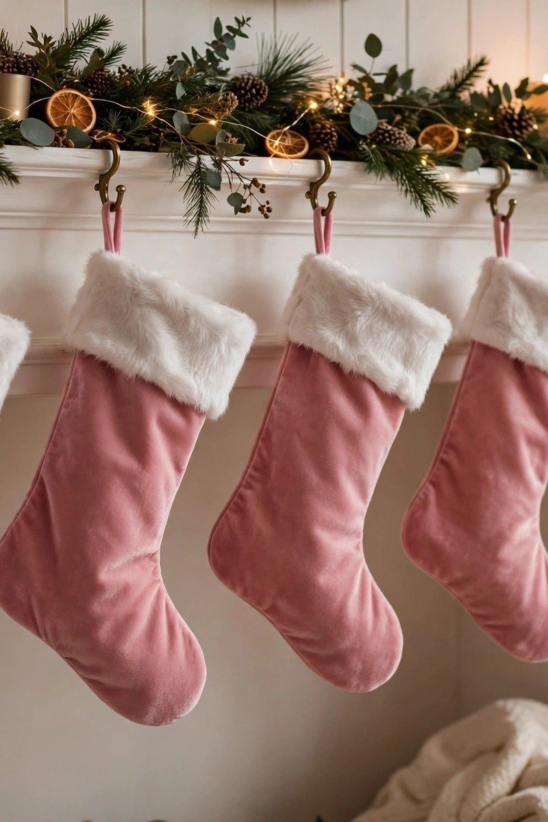 Pink velvet Christmas stockings hung in a row on a white mantel