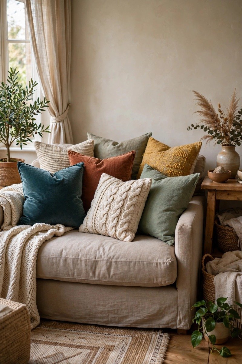 Sofa styled with mix-and-match throw pillows in complementary patterns and colors