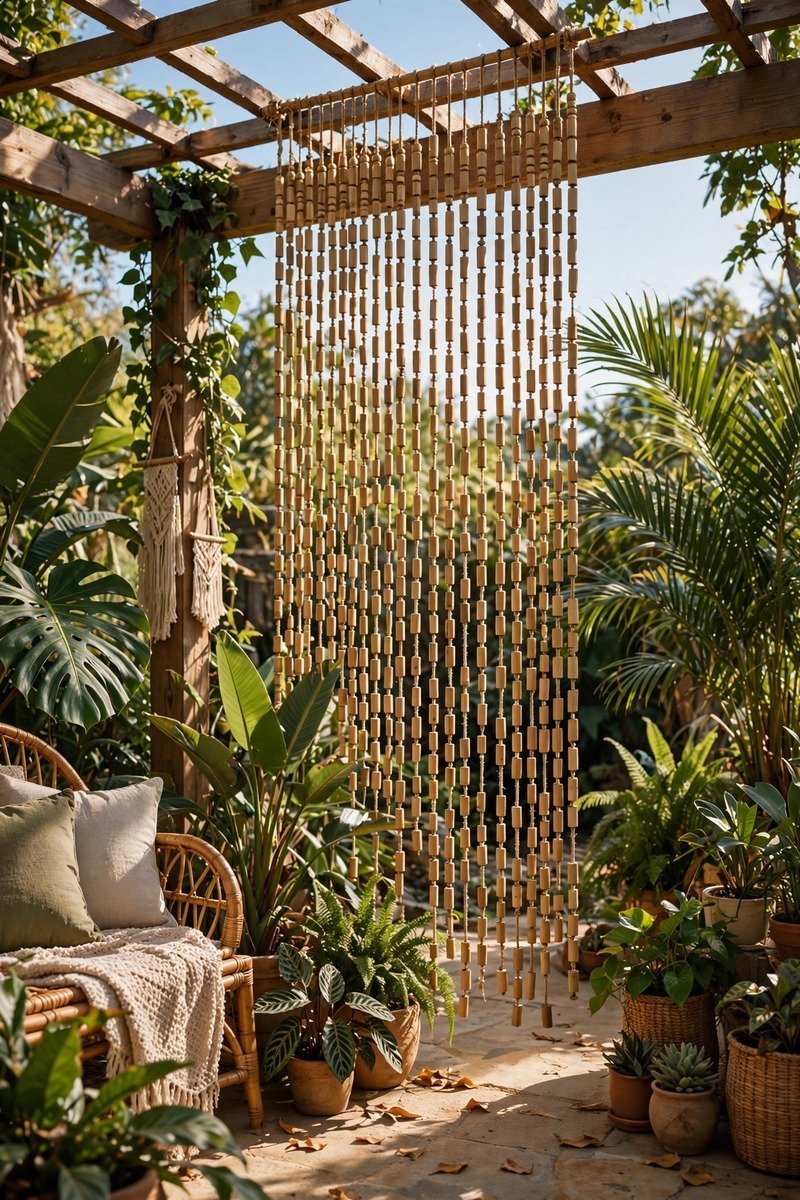 Bamboo beaded curtain dividing an outdoor patio seating area