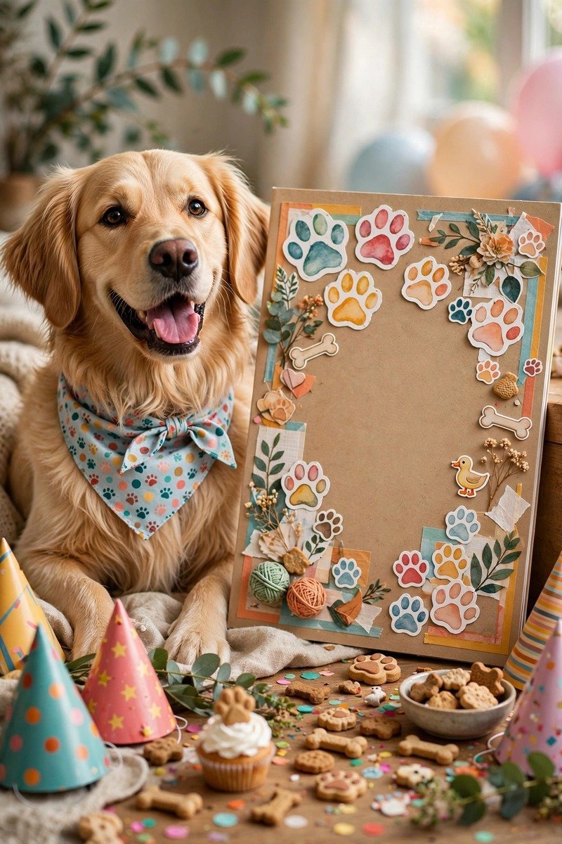 Adorable pet birthday magazine cover with dog portrait and funny pet headlines