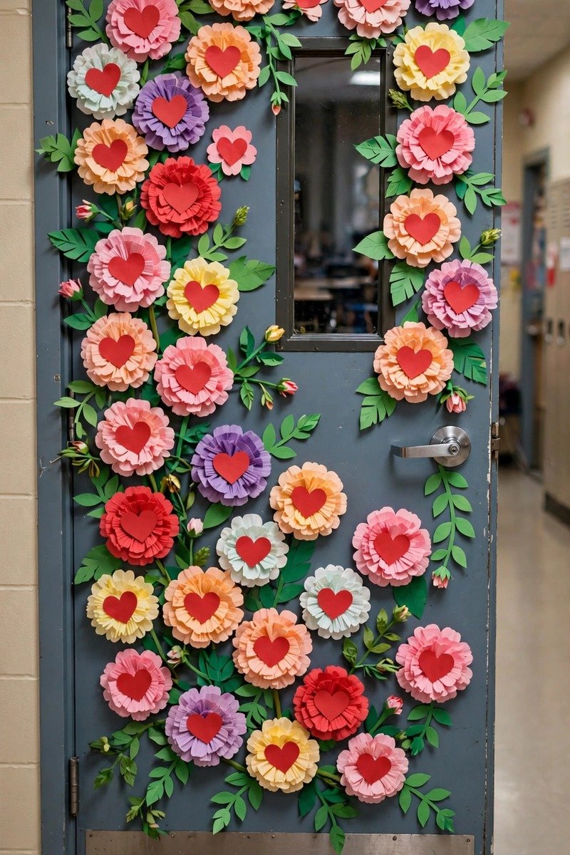 Classroom door with paper flowers that have heart centers