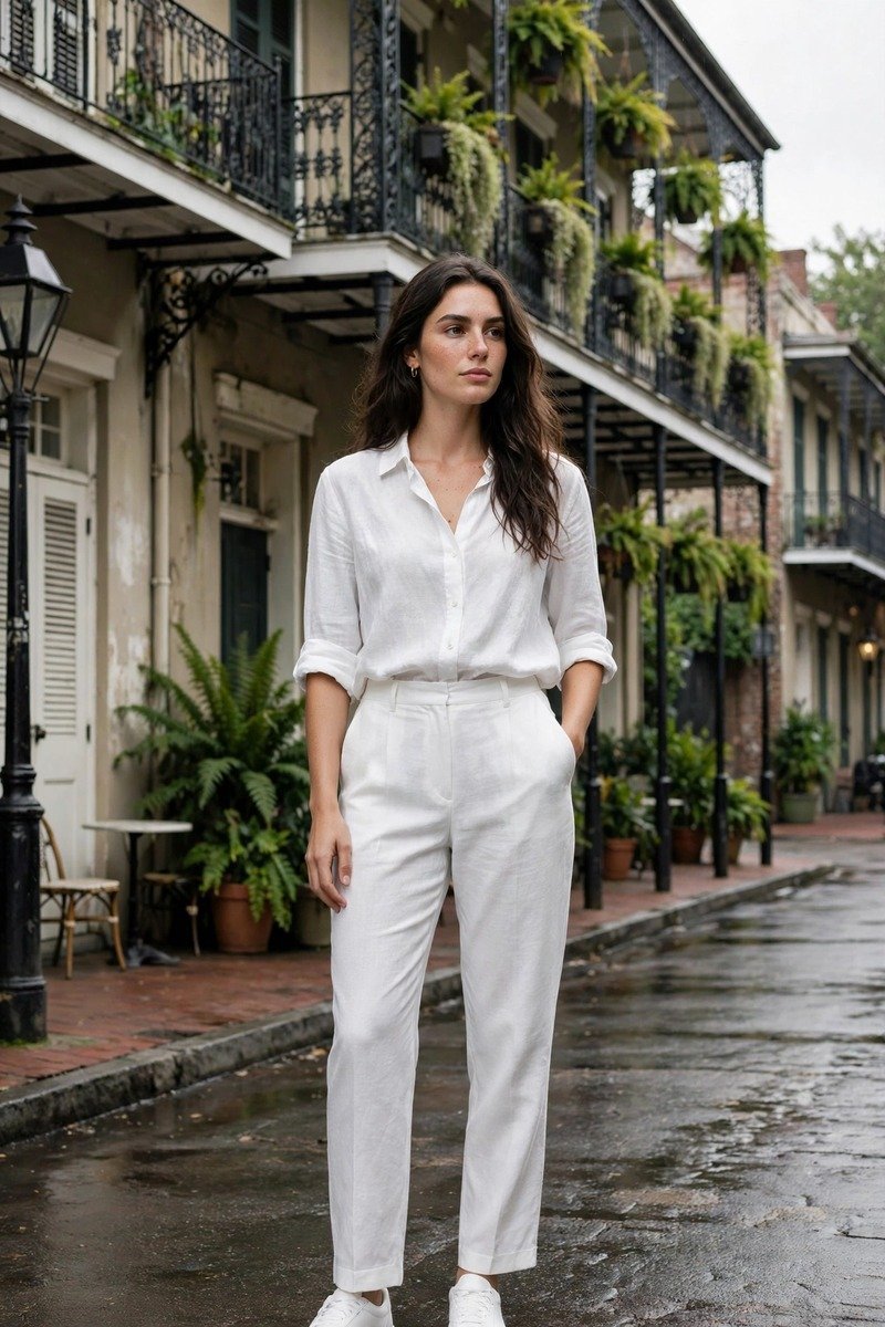 Woman in an all-white monochrome outfit