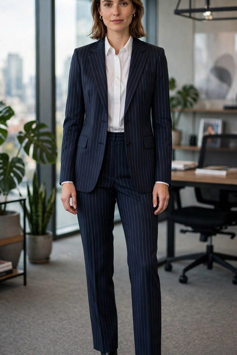 Woman in pinstripe blazer and matching trousers