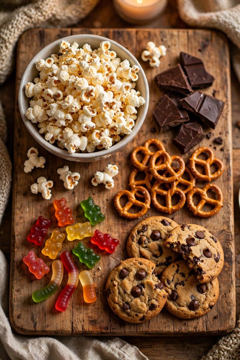 Movie night snack board with popcorn and chocolate