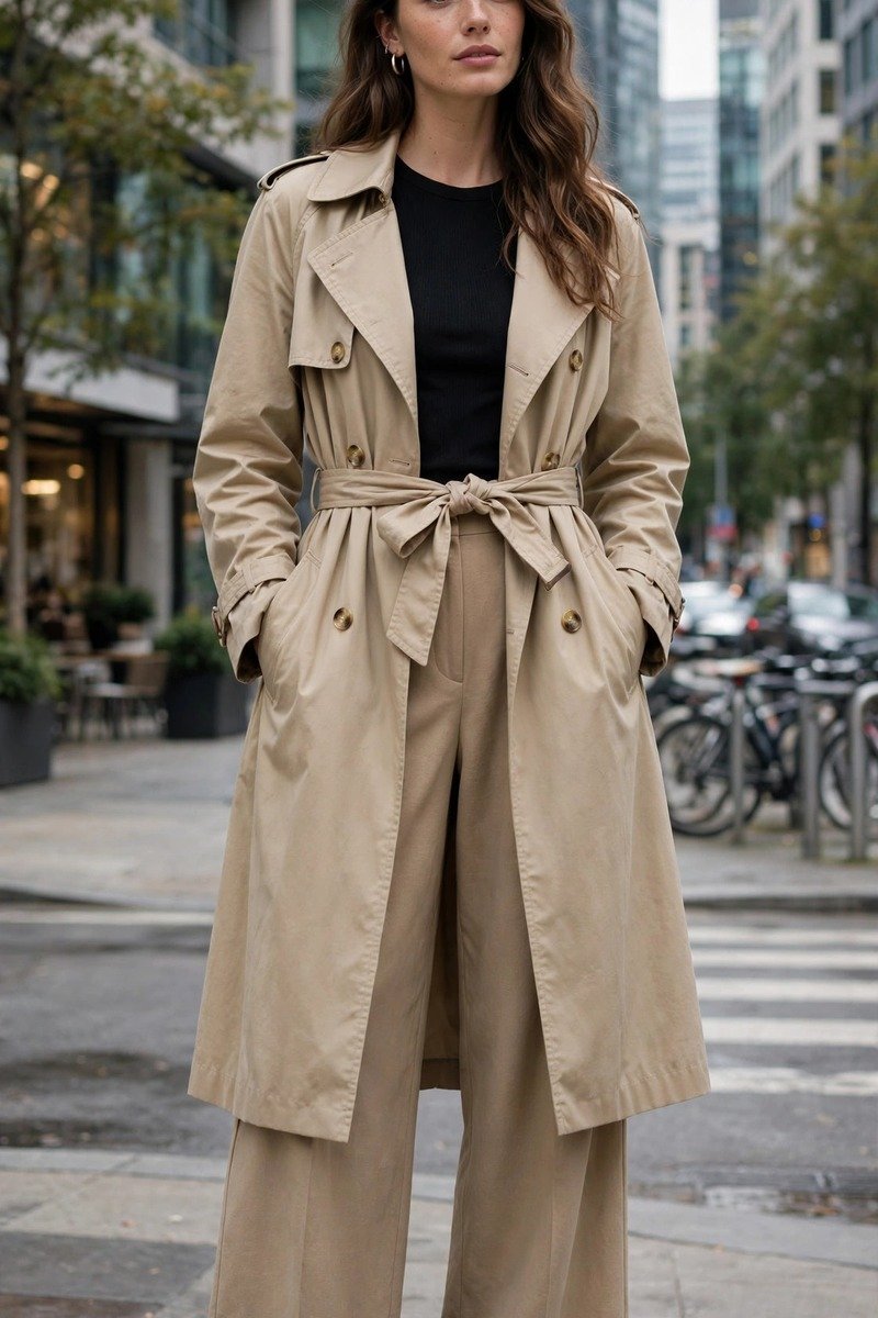 Woman in trench coat with wide-leg trousers