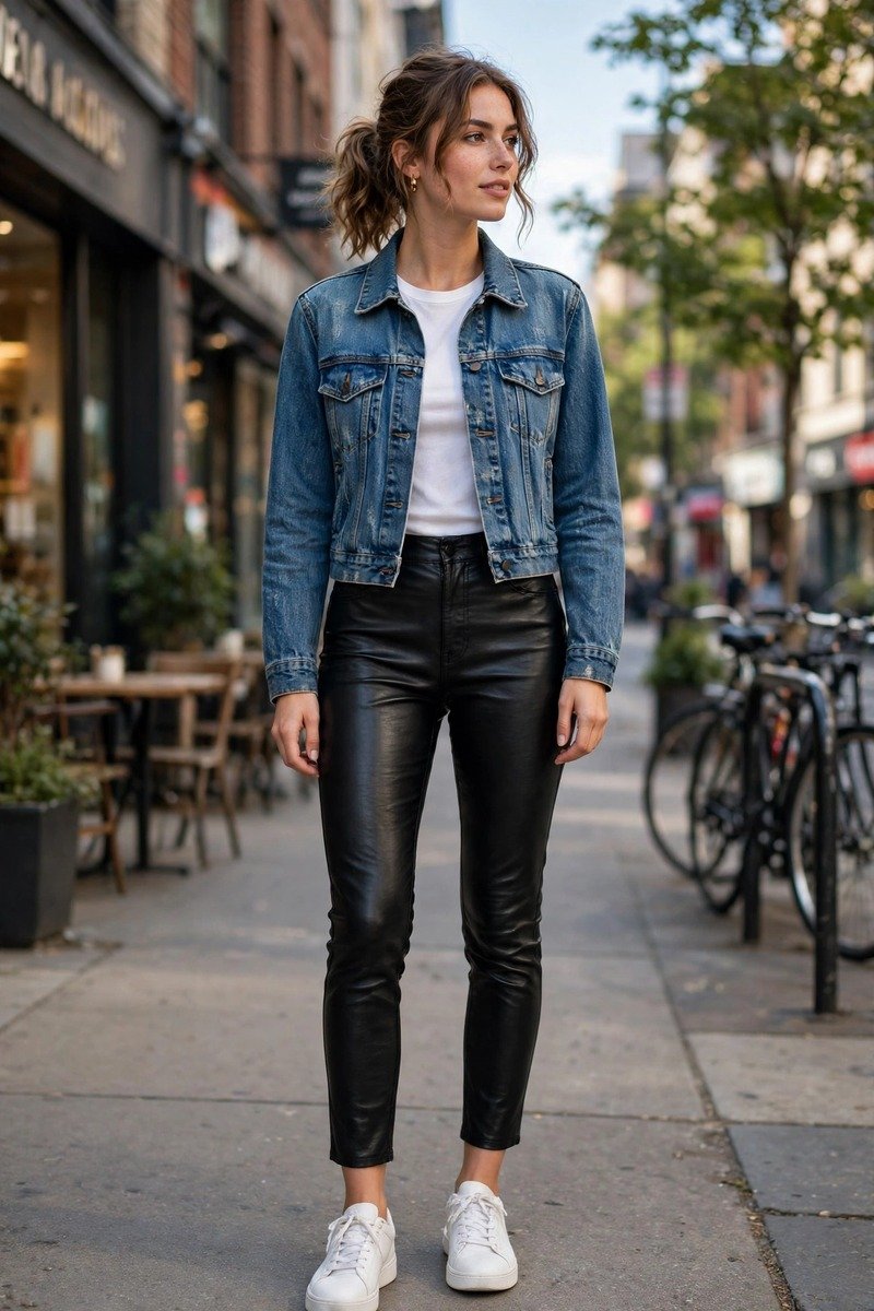 Woman in leather pants with denim jacket