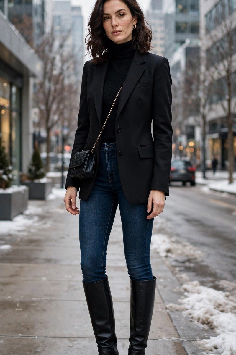 Woman in knee-high boots, skinny jeans, and blazer