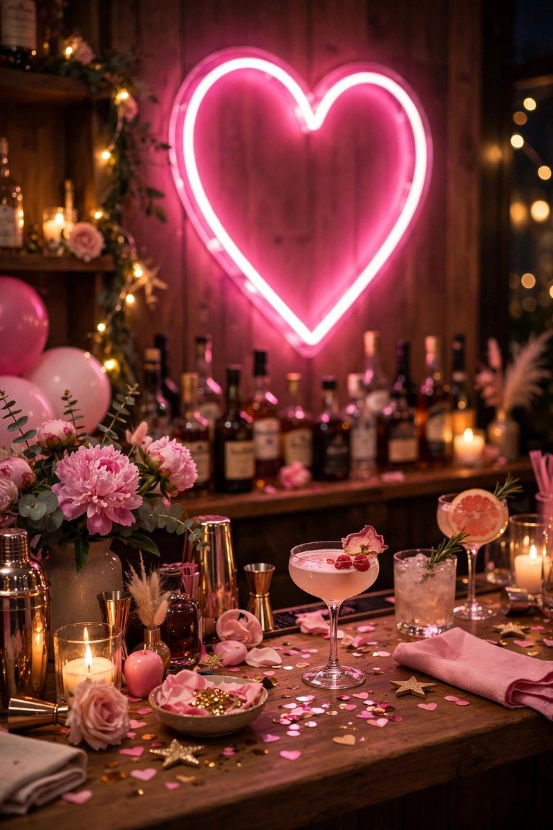 Pink neon love sign behind a party bar