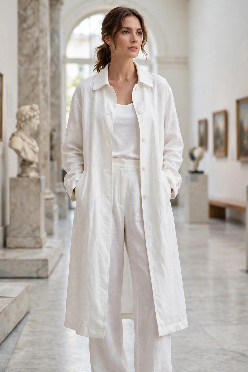 Woman in all-white outfit at a museum