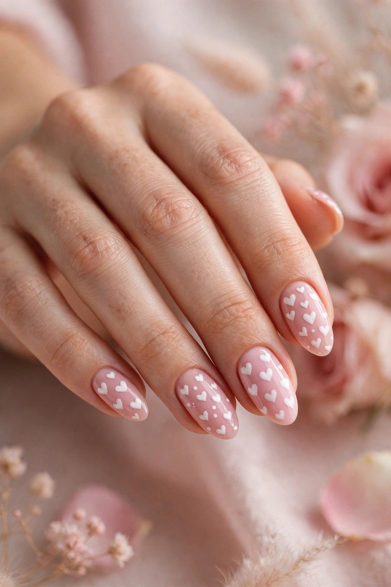 Baby pink nails with small white heart designs