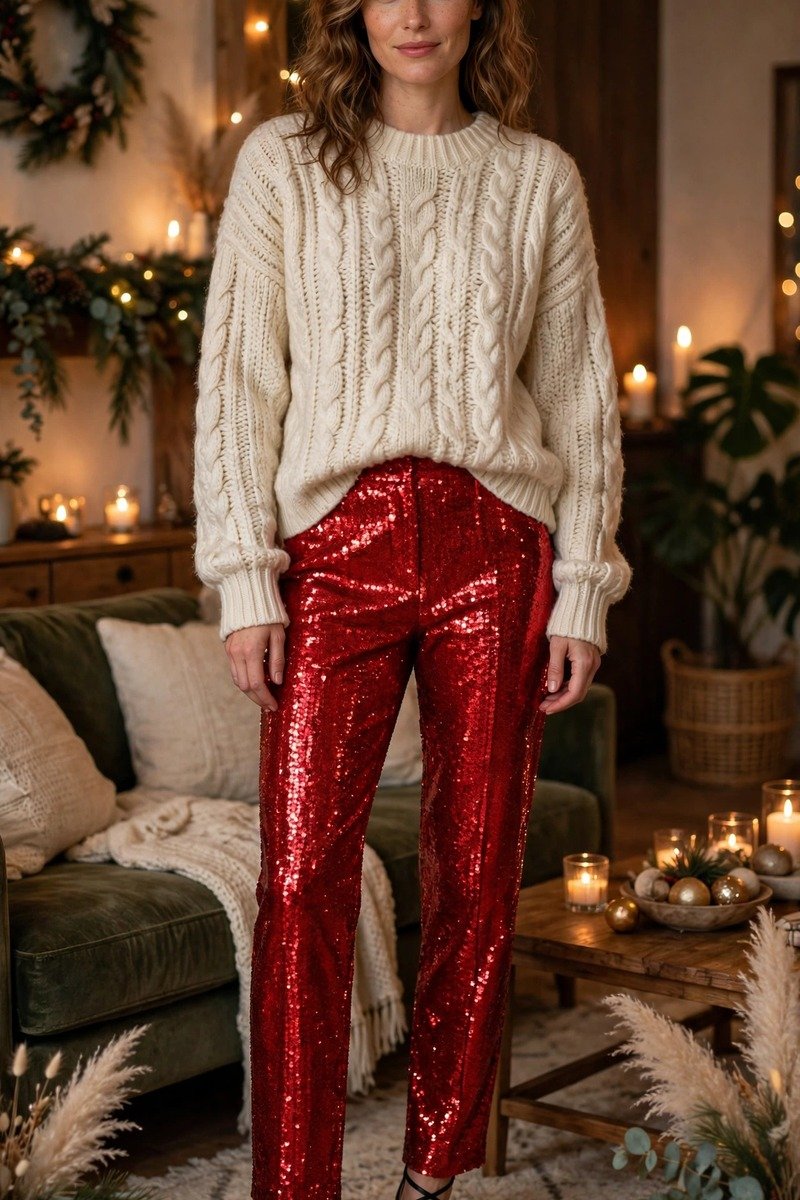 Woman in red sequin pants with a cream sweater