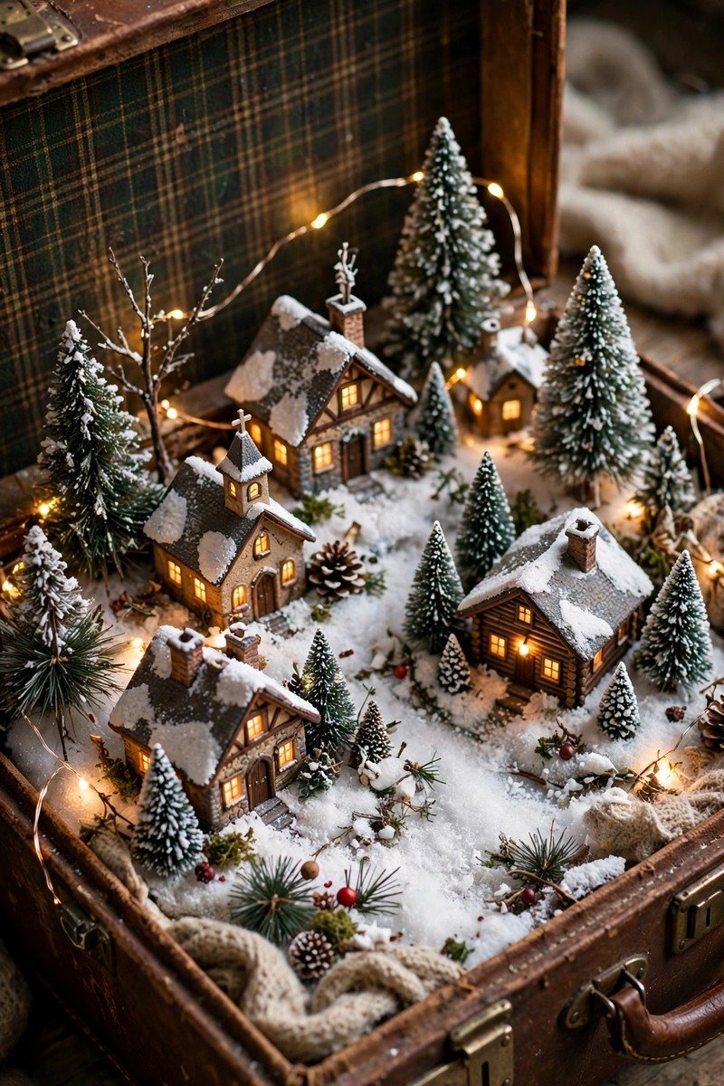 Christmas village display inside an open vintage suitcase