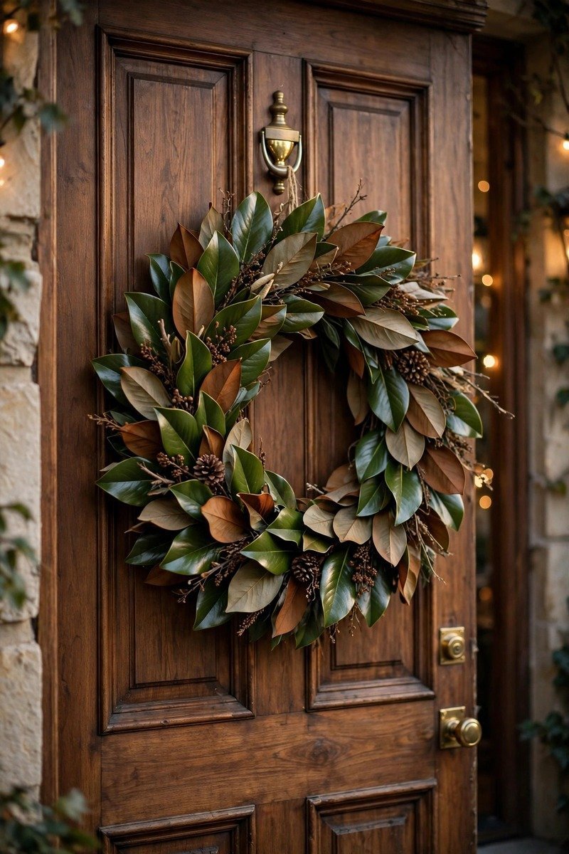 Magnolia leaf Christmas wreath in natural green and brown tones