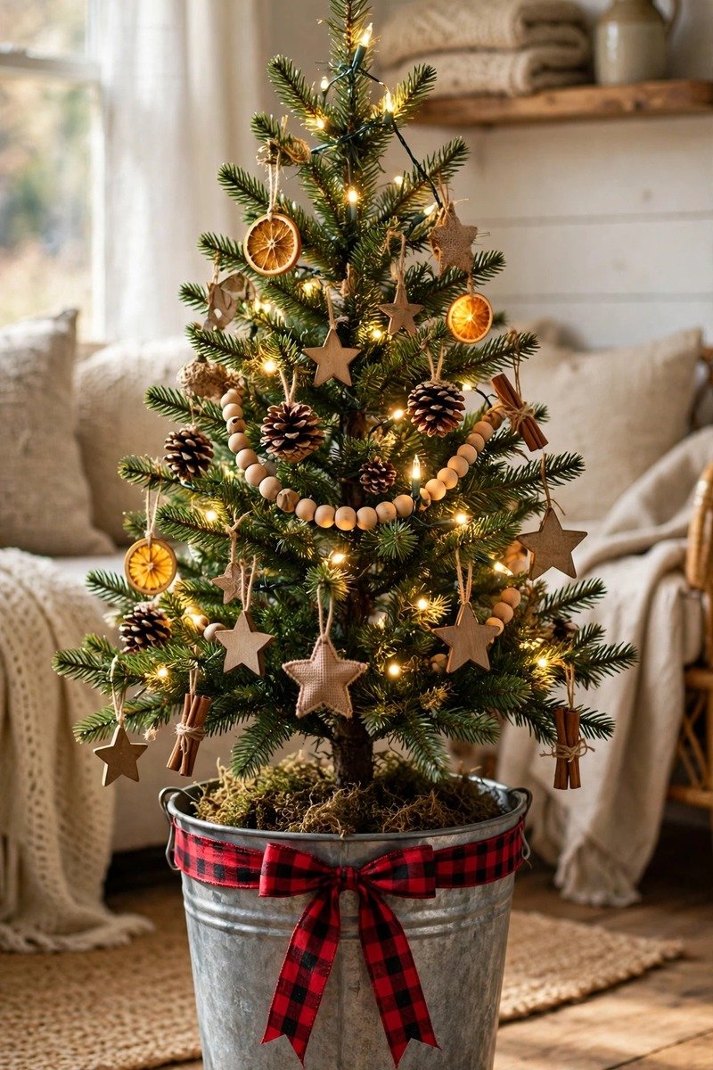 Small Christmas tree in a galvanized metal bucket with plaid ribbon