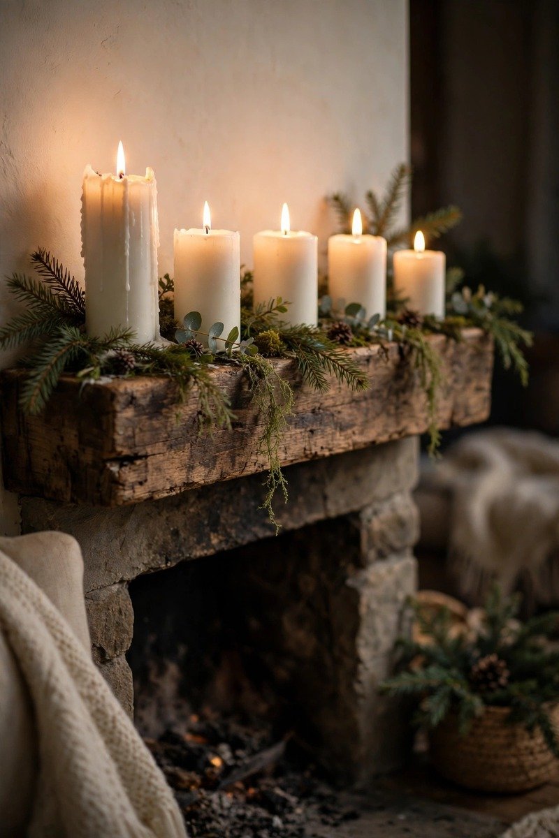 Christmas mantle with pillar candles and a warm glow