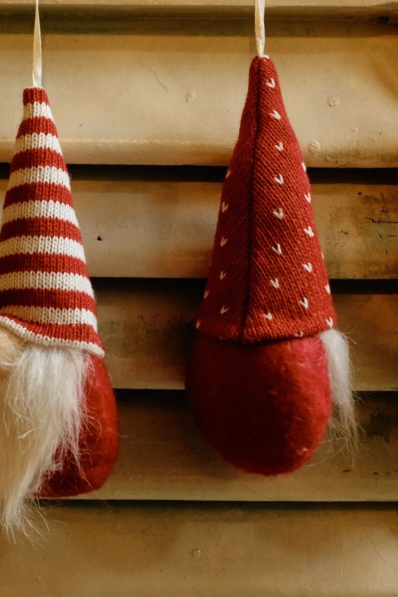Handmade Christmas gnomes with tall hats and beards