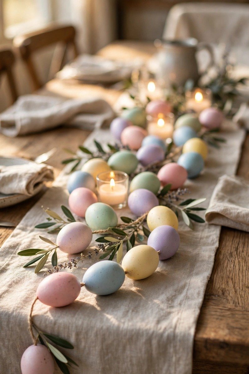 Pastel egg garland along a table runner with candles