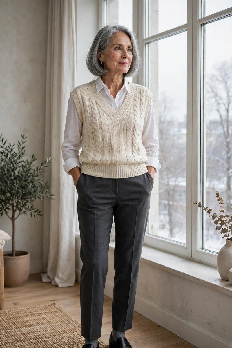 Woman over 50 in a sweater vest and white shirt