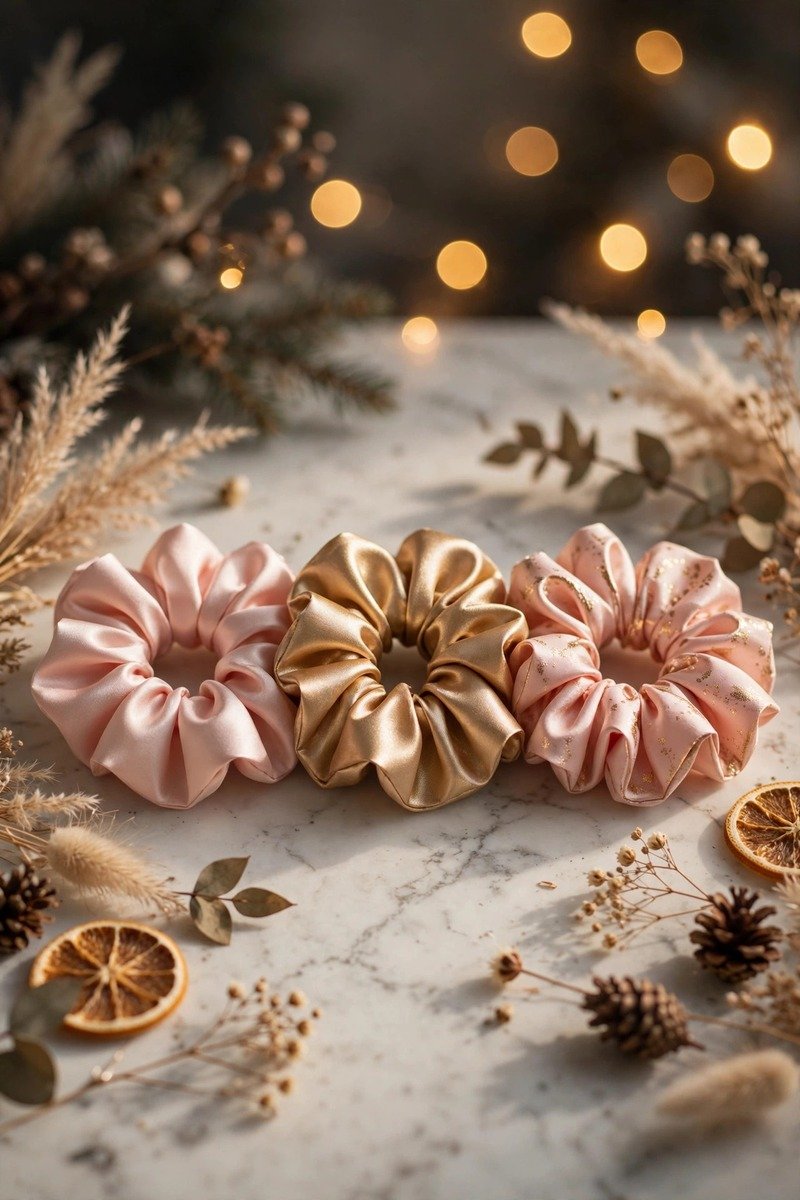 Silk scrunchie set in blush pink and gold tones