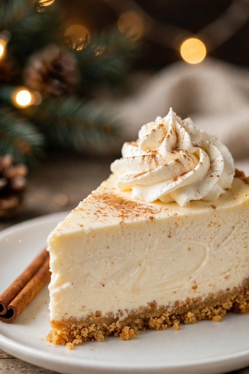 Eggnog cheesecake with whipped cream