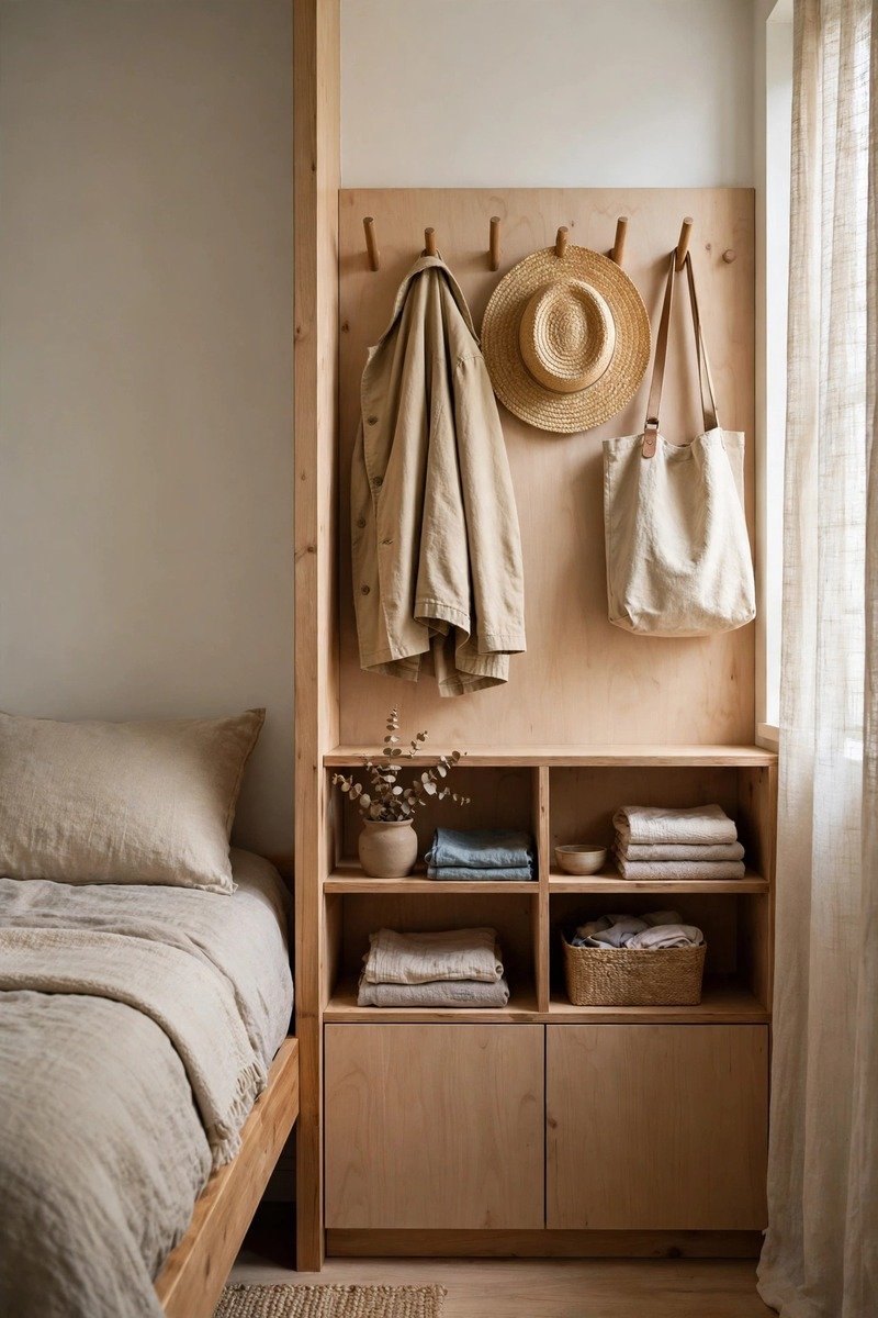 Small bedroom with wall hooks and hanging clothes